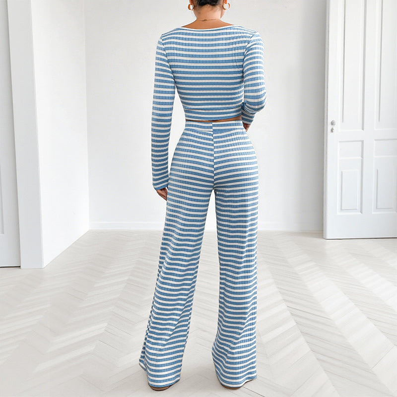 Damen Freizeitliches Zweiteiliges Set mit gestreiftem Oberteil und weitem Hose Drune