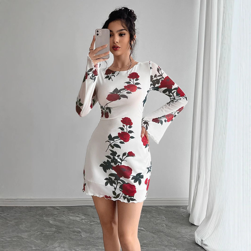 Damen nan figurbetontes Minikleid mit Rosenmuster und Trompetenärmeln Drune