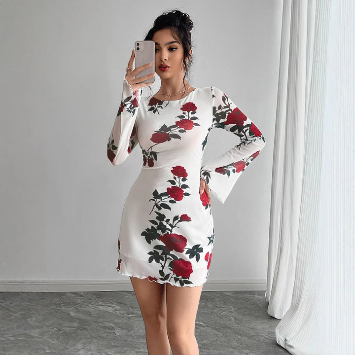Damen nan figurbetontes Minikleid mit Rosenmuster und Trompetenärmeln Drune