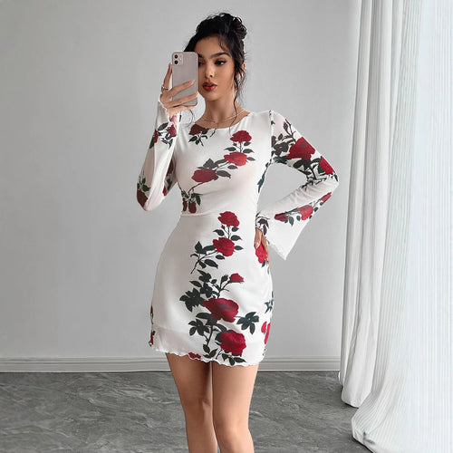 Damen nan figurbetontes Minikleid mit Rosenmuster und Trompetenärmeln Drune