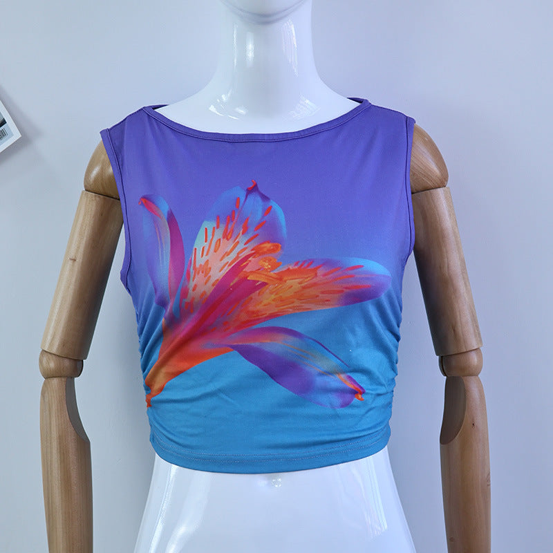 Damen ärmelloses Crop-Top mit floralem Motiv und figurbetontem Schnitt Drune