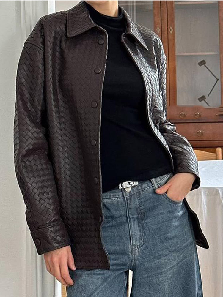 Damen lässige Kunstleder-Jacke mit geflochtenem Design und praktischen Druckknöpfen Drune