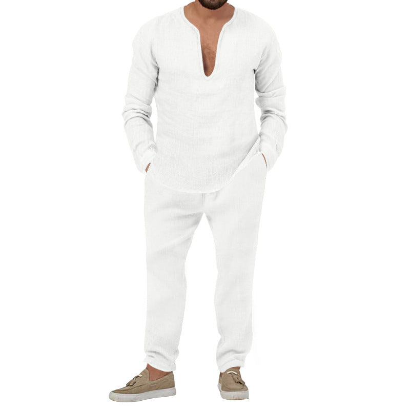 Herren lässiges Leinen-Outfit mit tiefem V-Ausschnitt und elastischem Bund Drune