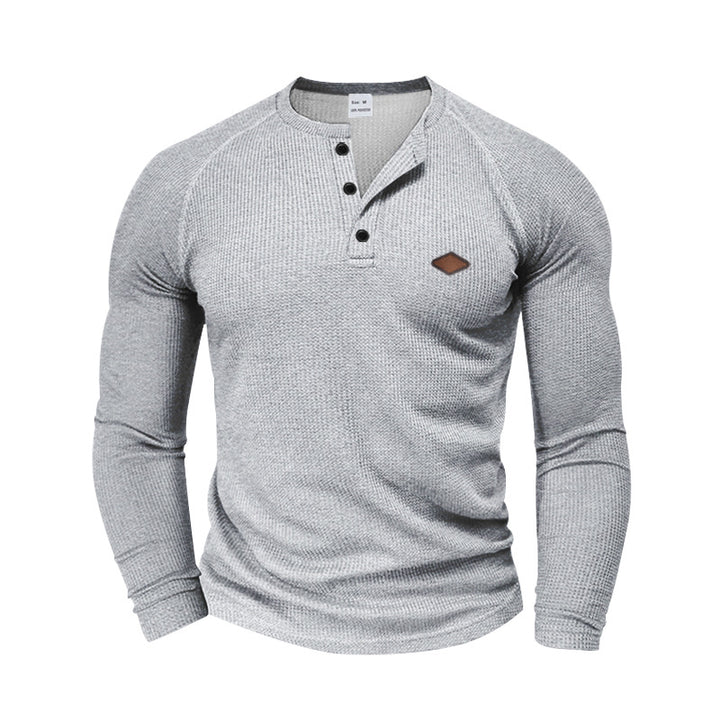 Herren nan strukturiertes Waffel-Henleyshirt mit kurzer Knopfleiste Raglanärmeln und Lederpatch Drune