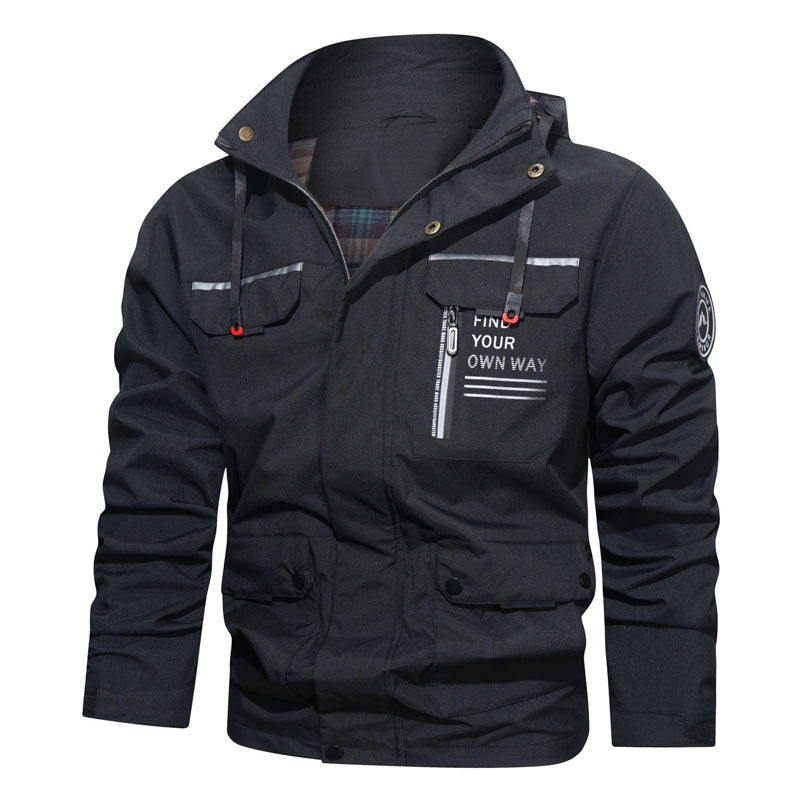 Herren wasserabweisende Kapuzen-Fieldjacke mit Brustreißverschluss und Multifunktions-Taschen Drune