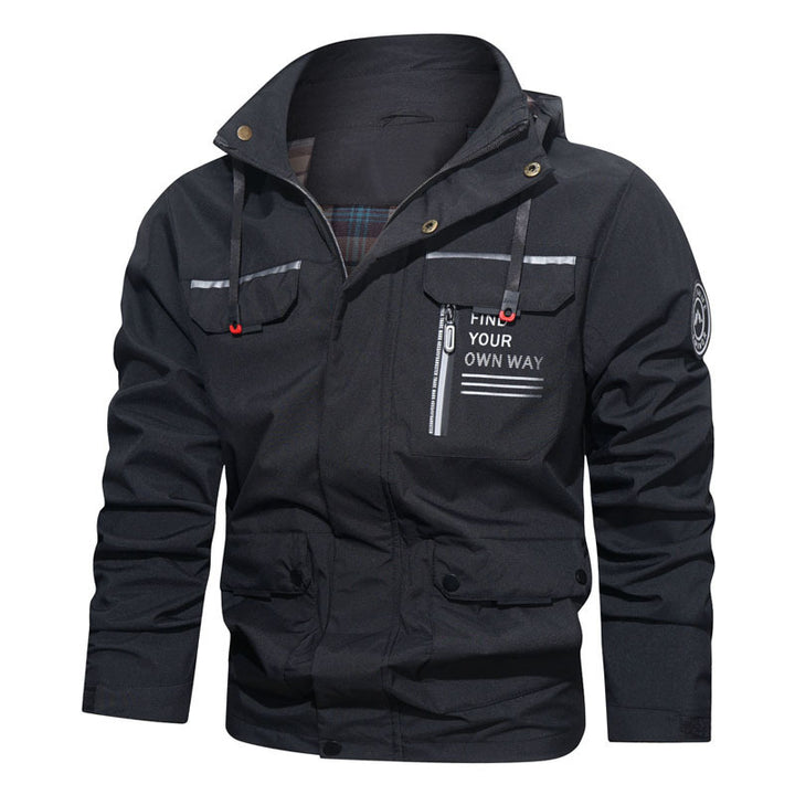 Herren wasserabweisende Kapuzen-Fieldjacke mit Brustreißverschluss und Multifunktions-Taschen Drune