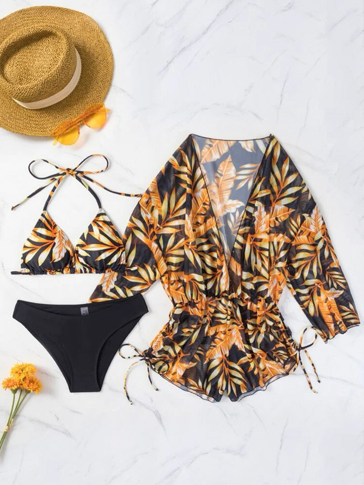 Damen Wendbare Strandmode mit floralem Kimono und Bikini Drune