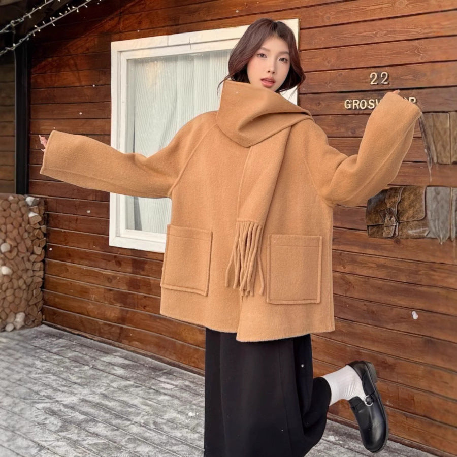 Damen Oversize Wollmantel mit voluminösem Schalkragen und Fransen Drune