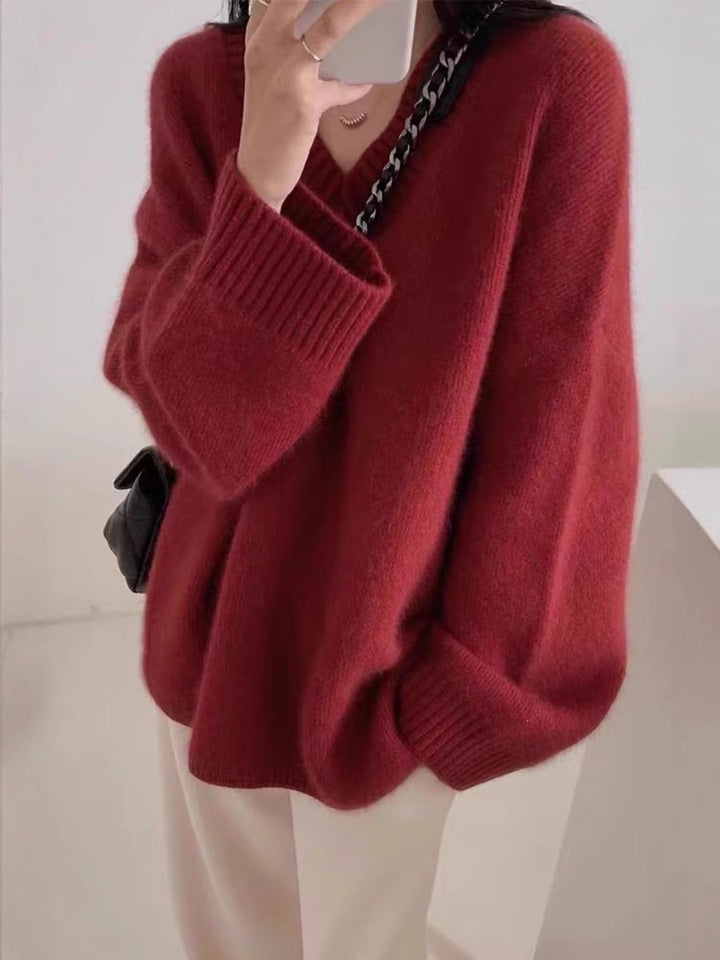 Damen Oversize V-Ausschnitt-Pullover im Mohair‑Look Drune