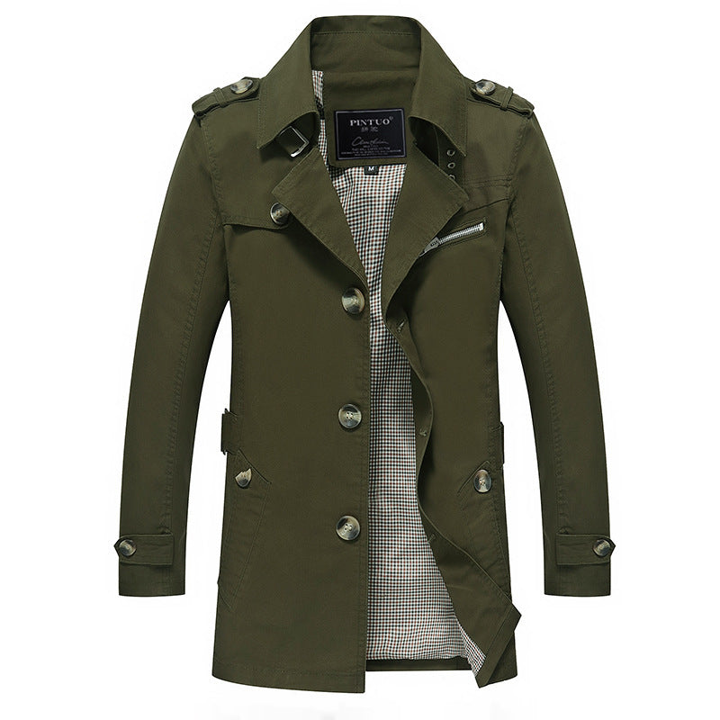 Herren Trenchcoat im Fieldstil mit Stehkragen, Schulterklappen und kariertem Innenfutter Drune