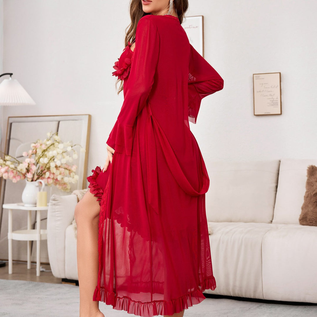 Damen verführerisches Negligé-Set mit transparenten Details und floralen Akzenten Drune