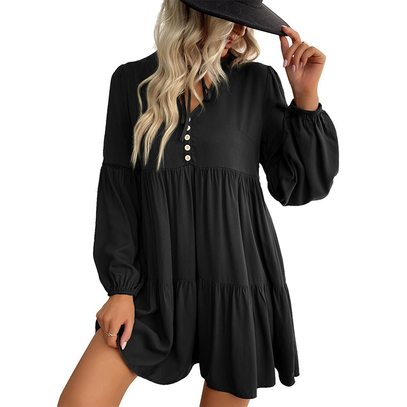 Damen Weiches Stufen-Minikleid mit V-Ausschnitt, Knopfleiste und Ballonärmeln Drune