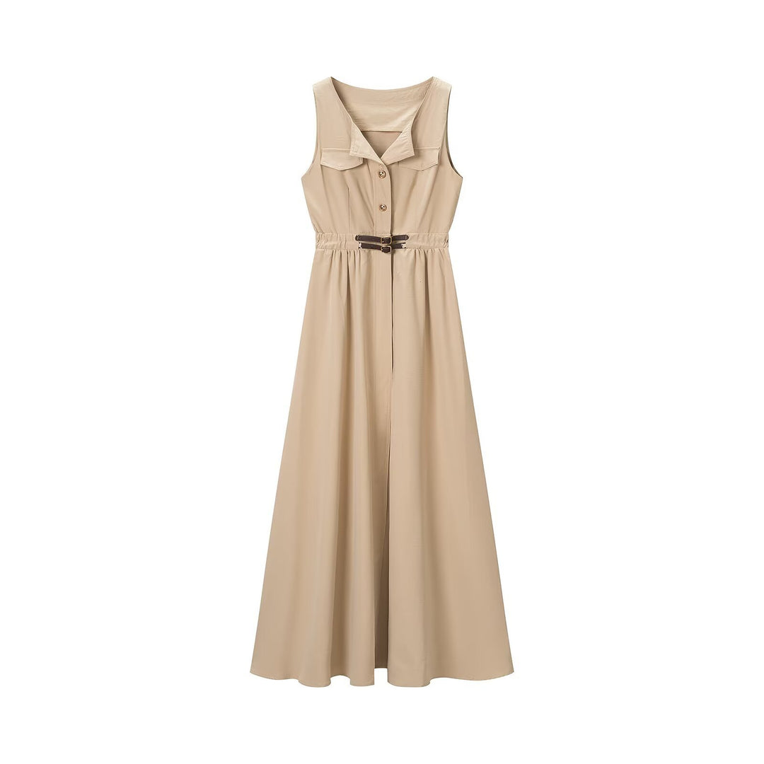 Damen Ärmelloses Hemdblusenkleid mit weitem A‑Linien‑Rock und Ziergürtel Drune
