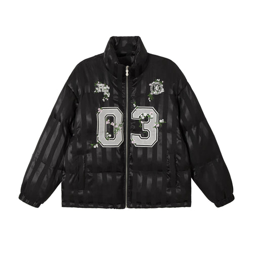 Damen Boxy gesteppte Satin‑Pufferjacke mit floralem Stickdetail Drune