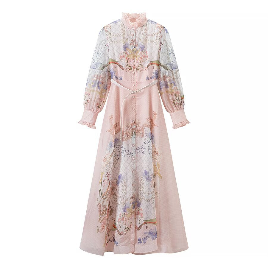 Damen Maxikleid mit Rüschenkragen, transparentem Chiffon-Overlay und taillierter Knopfleiste Drune