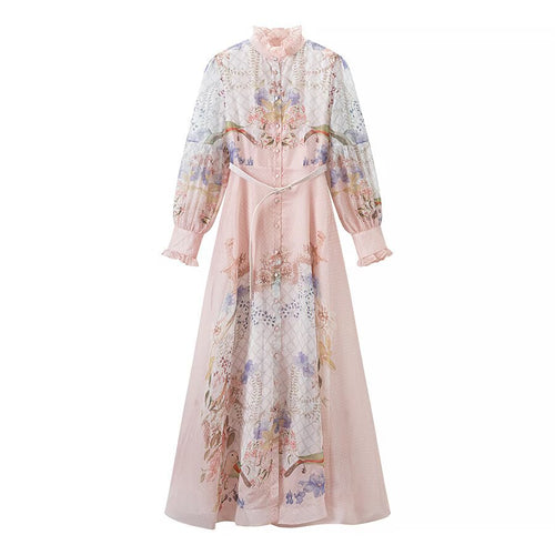Damen Maxikleid mit Rüschenkragen, transparentem Chiffon-Overlay und taillierter Knopfleiste Drune