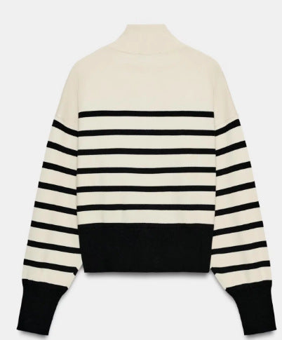 Damen Gestreifter Cropped‑Strickpullover mit Stehkragen und voluminösen Ballonärmeln Drune