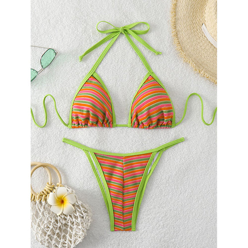 Damen Triangel-Bikini mit fröhlichem Streifenmuster und verstellbaren Trägern Drune