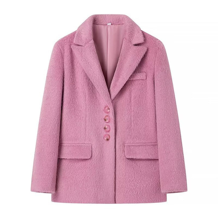 Damen nan taillierter Kurzmantel-Blazer in Teddyoptik mit Reverskragen und Pattentaschen Drune