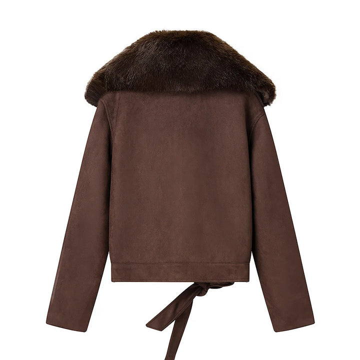 Damen nan kurze Veloursoptik-Jacke mit breitem Teddykragen und Bindegürtel Drune
