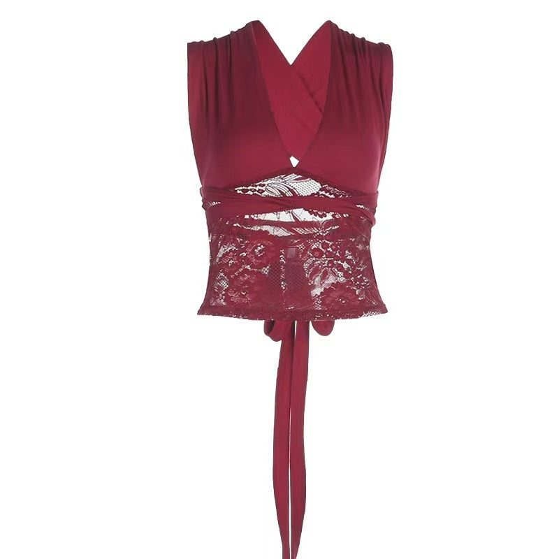 Damen Elegantes Oberteil mit Spitzen-Layer und tiefem V-Ausschnitt Drune