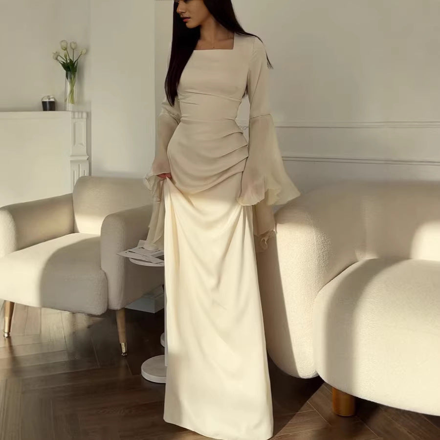 Damen Abendkleid mit Quadrat-Ausschnitt, transparenten Glockenärmeln und drapierter Taillenpartie Drune