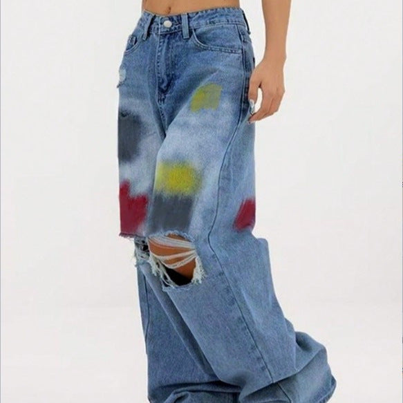 Damen weite Denim-Jeans mit Paint‑Splatter und Distressed-Knie Drune
