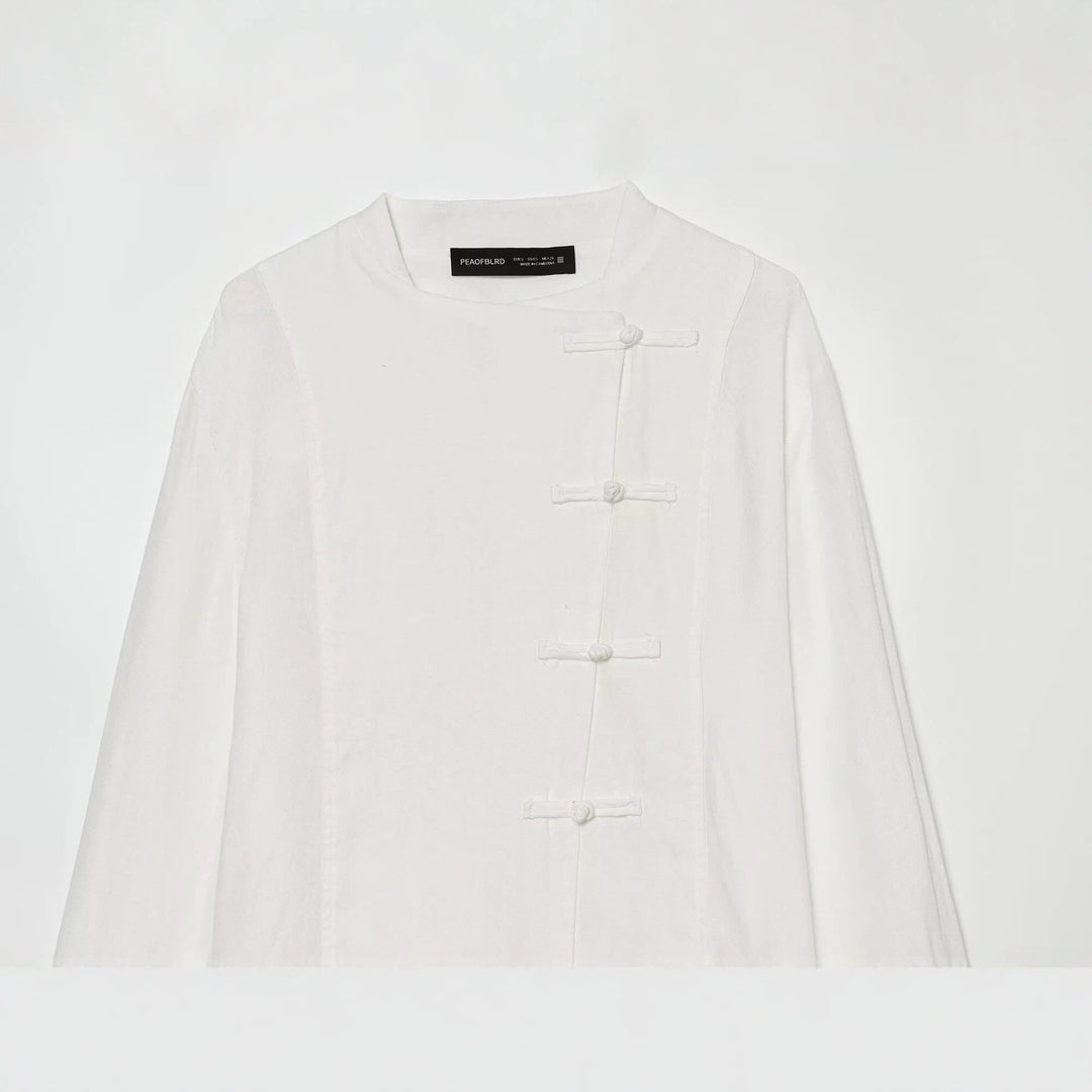 Damen Oversize Leinenbluse mit Stehkragen und chinesischen Knotenknöpfen Drune