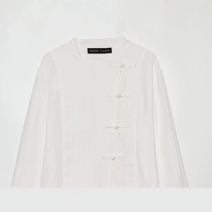Damen Oversize Leinenbluse mit Stehkragen und chinesischen Knotenknöpfen Drune
