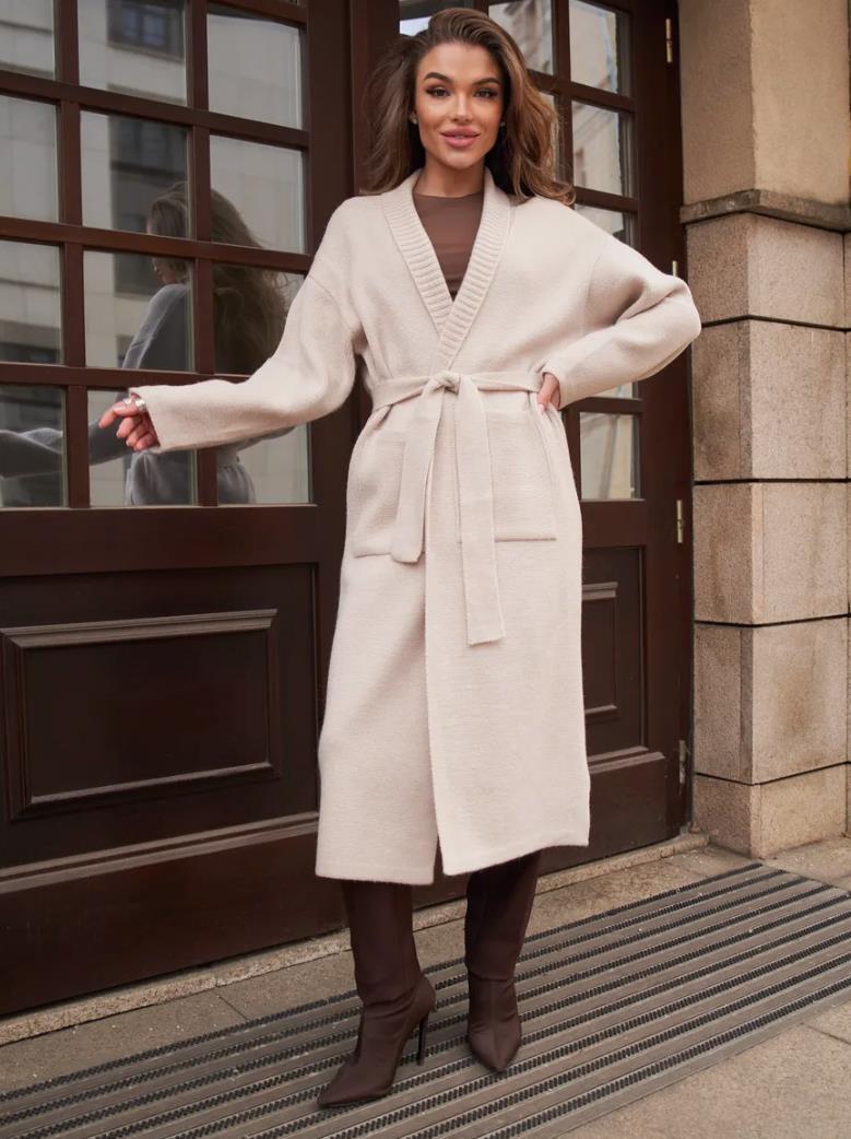 Damen Strickmantel mit Gürtel und praktischen Taschen Drune