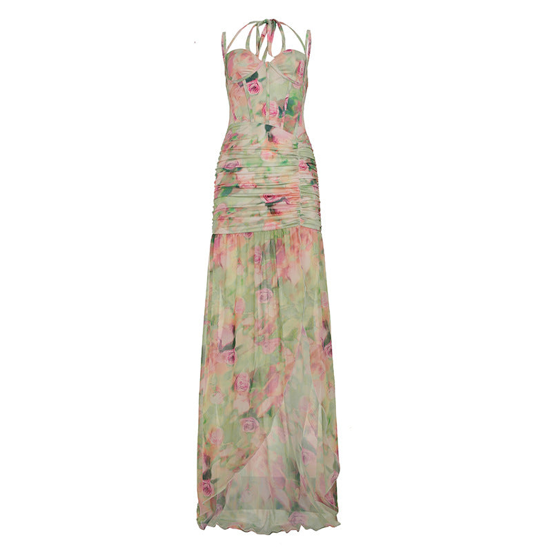 Damen romantisches Maxikleid mit floralem Druck und raffinierten Rüschendetails Drune