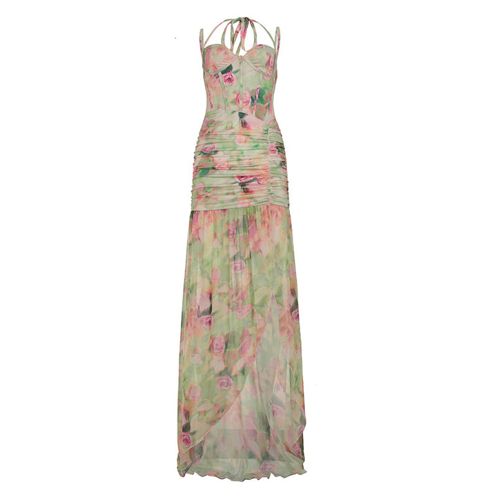 Damen romantisches Maxikleid mit floralem Druck und raffinierten Rüschendetails Drune