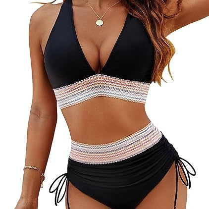 Damen Hoch tailliertes Bikini-Set mit modischen Bindebändern Drune