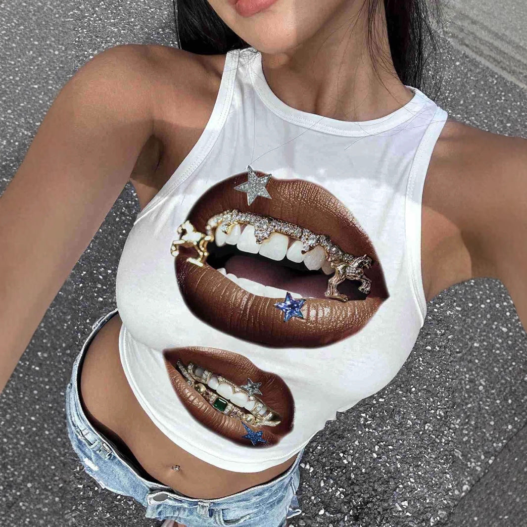 Damen Tanktop mit künstlerischem Lippenmotiv und figurbetontem Schnitt Drune