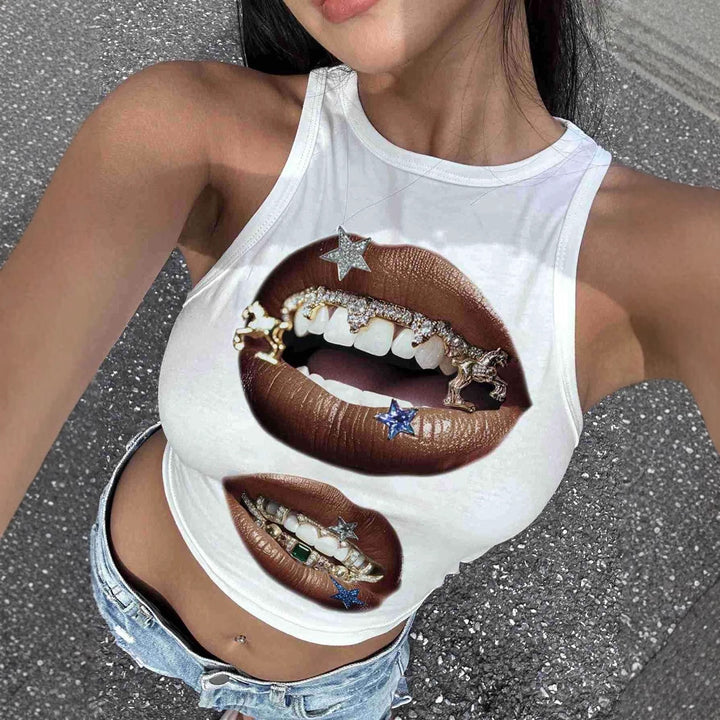 Damen Tanktop mit künstlerischem Lippenmotiv und figurbetontem Schnitt Drune