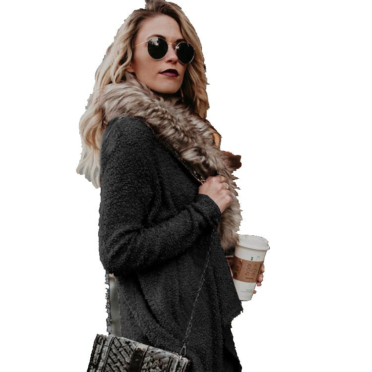 Damen Flauschiger Cardigan mit abnehmbarer Fellkapuze und eleganter Silhouette Drune