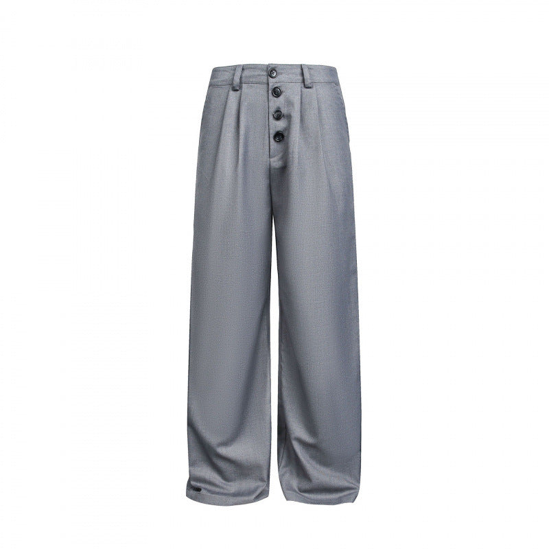 Damen Weite Bundfalten-Hose mit hoher Taille und sichtbarer Knopfleiste Drune