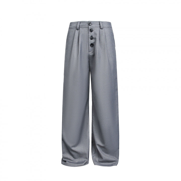Damen Weite Bundfalten-Hose mit hoher Taille und sichtbarer Knopfleiste Drune