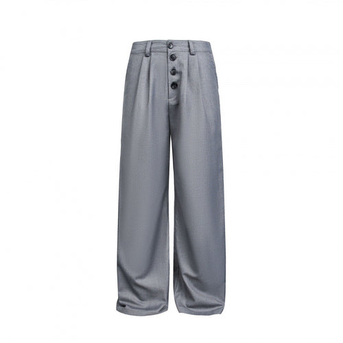 Damen Weite Bundfalten-Hose mit hoher Taille und sichtbarer Knopfleiste Drune