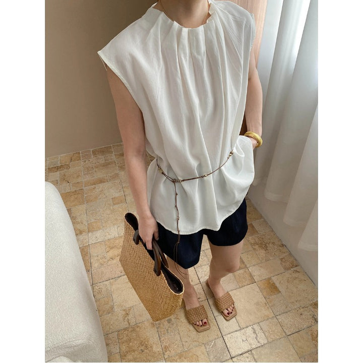 Damen elegantes Oberteil mit dekorativem Kragen und Bindegürtel Drune