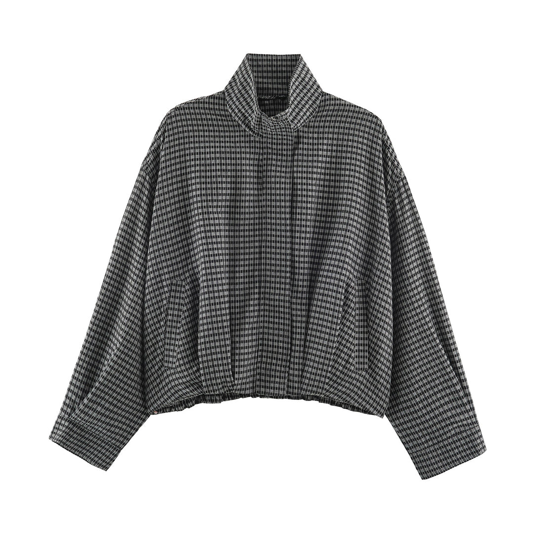Damen nan kurz geschnittene karierte Blousonjacke mit Stehkragen elastischem Saum und verdeckter Reißverschluss Drune