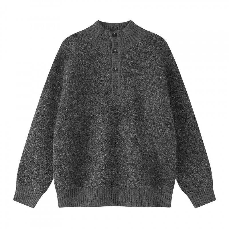 Unisex Boxy-Strickpullover mit Henley-Knopfleiste und hochgezogenem Rippkragen Drune