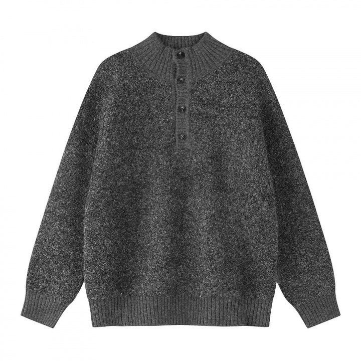 Unisex Boxy-Strickpullover mit Henley-Knopfleiste und hochgezogenem Rippkragen Drune