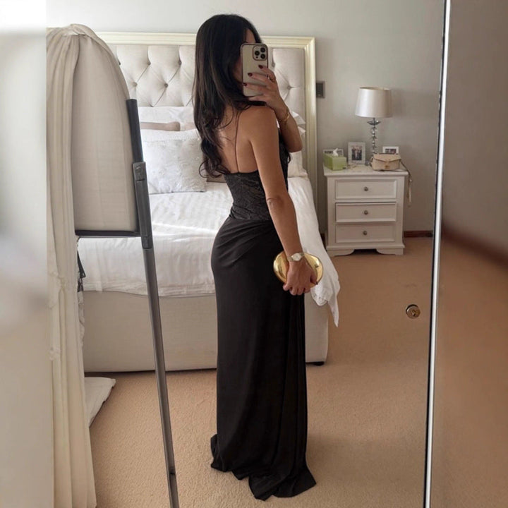 Damen Elegantes Cocktailkleid mit Spitzenoberteil und fließendem Rock Drune
