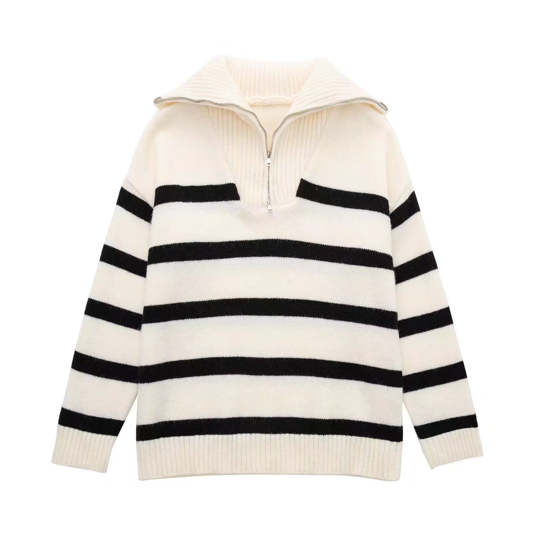 Damen Gestreifter Halb-Reißverschluss Strickpullover mit Rippenkragen Drune