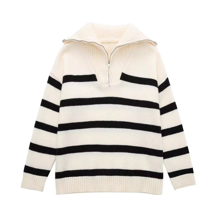 Damen Gestreifter Halb-Reißverschluss Strickpullover mit Rippenkragen Drune