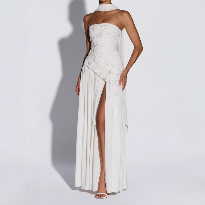 Damen Strapless Abendkleid mit seitlichem Schlitz und floralen Applikationen Drune