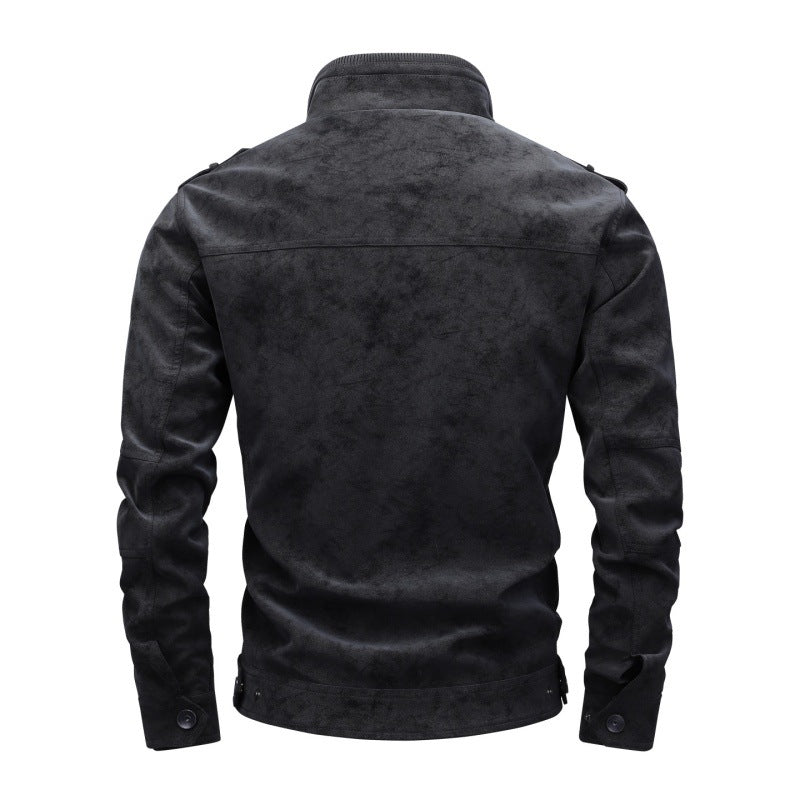 Herren Utility-Lederimitatjacke mit Stehkragen, Schulterklappen und multiplen Brusttaschen Drune