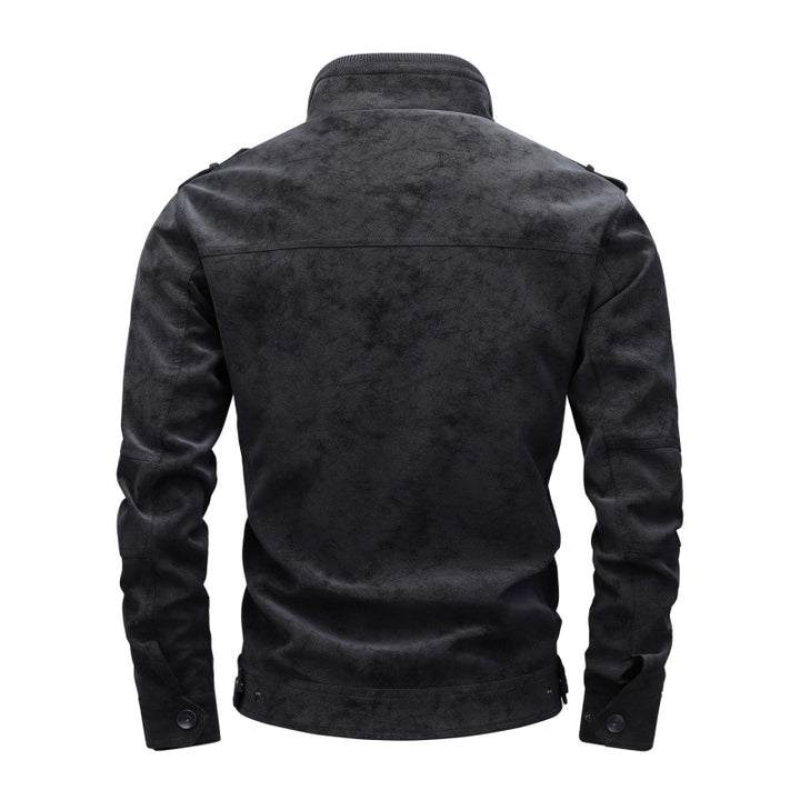Herren Utility-Lederimitatjacke mit Stehkragen, Schulterklappen und multiplen Brusttaschen Drune