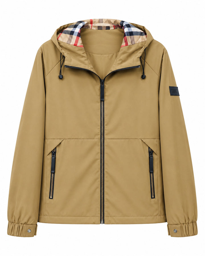 Herren leichte winddichte Softshell‑Kapuzenjacke mit kariert gefütterter Kapuze Drune